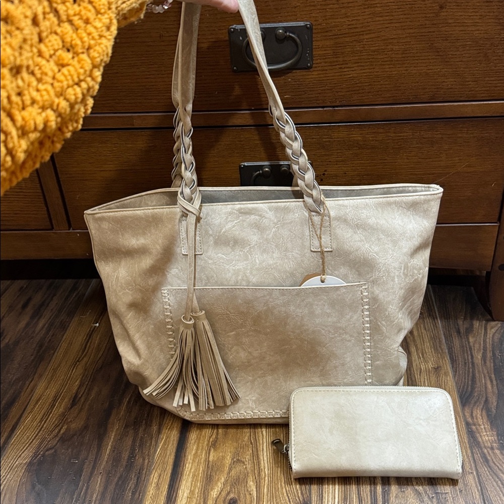 Beige Shoulder Tote with Tassel Accent - Women Bags Shoulder Bag